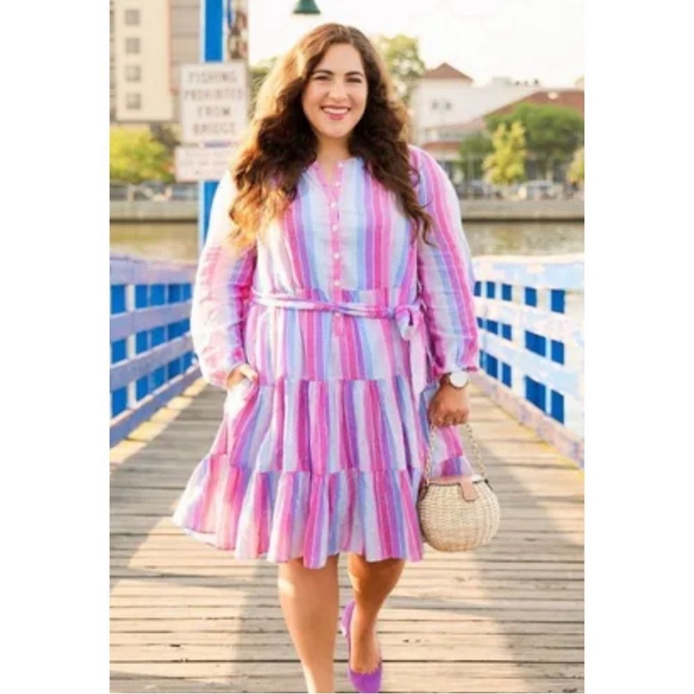 J.Crew Striped Tiered Midi Dress Size XL Pink Blue Belted Shirt Dress Pastel